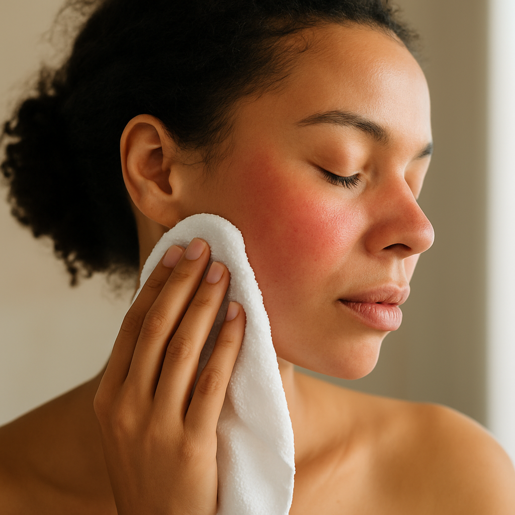 Woman with redness in skin holding a white cloth to face.