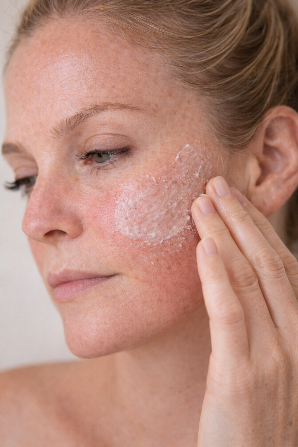 Woman with redness in skin exfoliating 