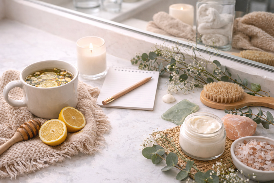 Self care essentials on a bathroom counter