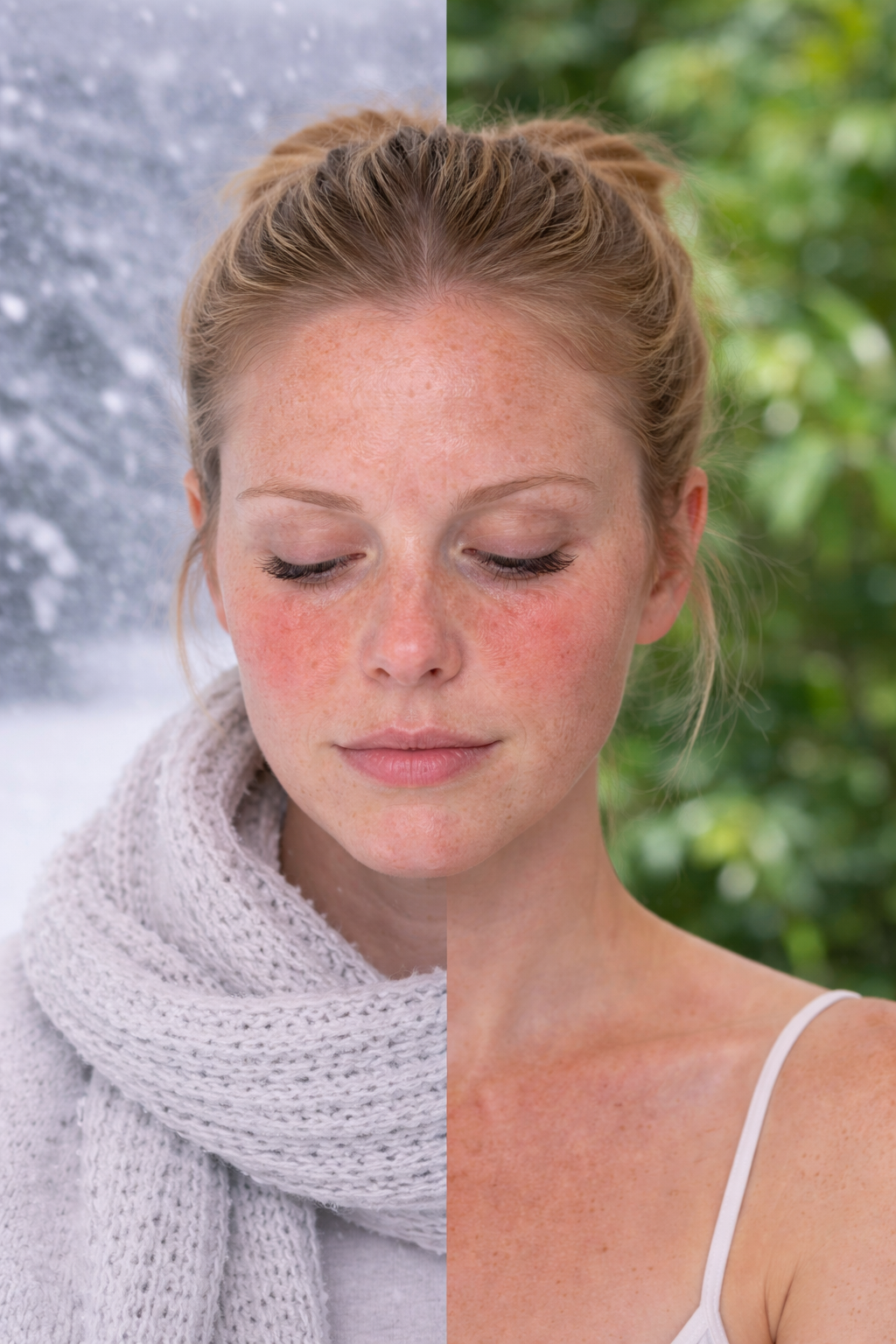Woman in two different climates with sensitive skin. 