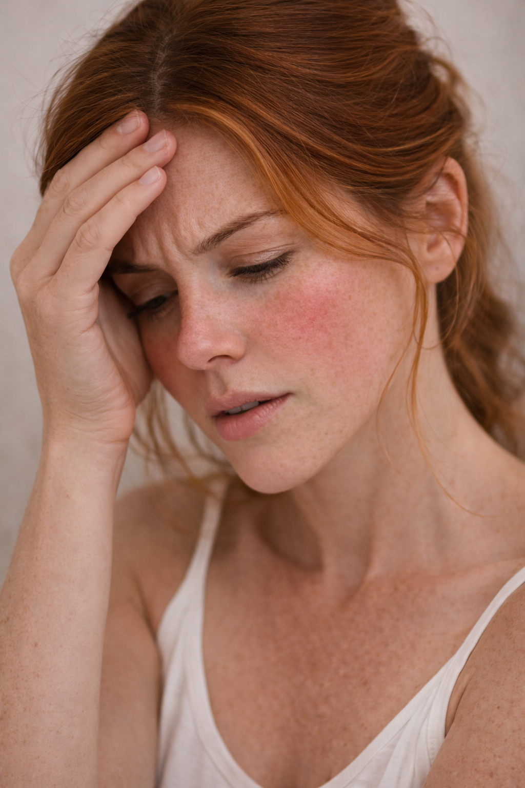 Woman with redness in skin with hand on head.