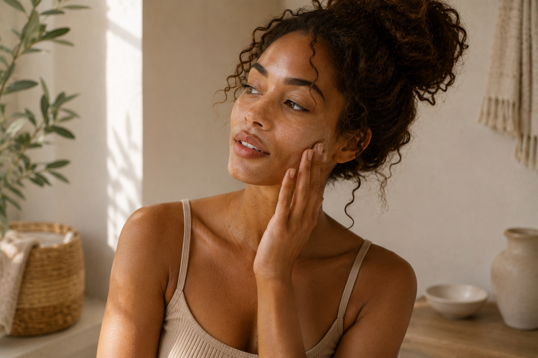 Woman looking away with hand on face feeling on her skin.