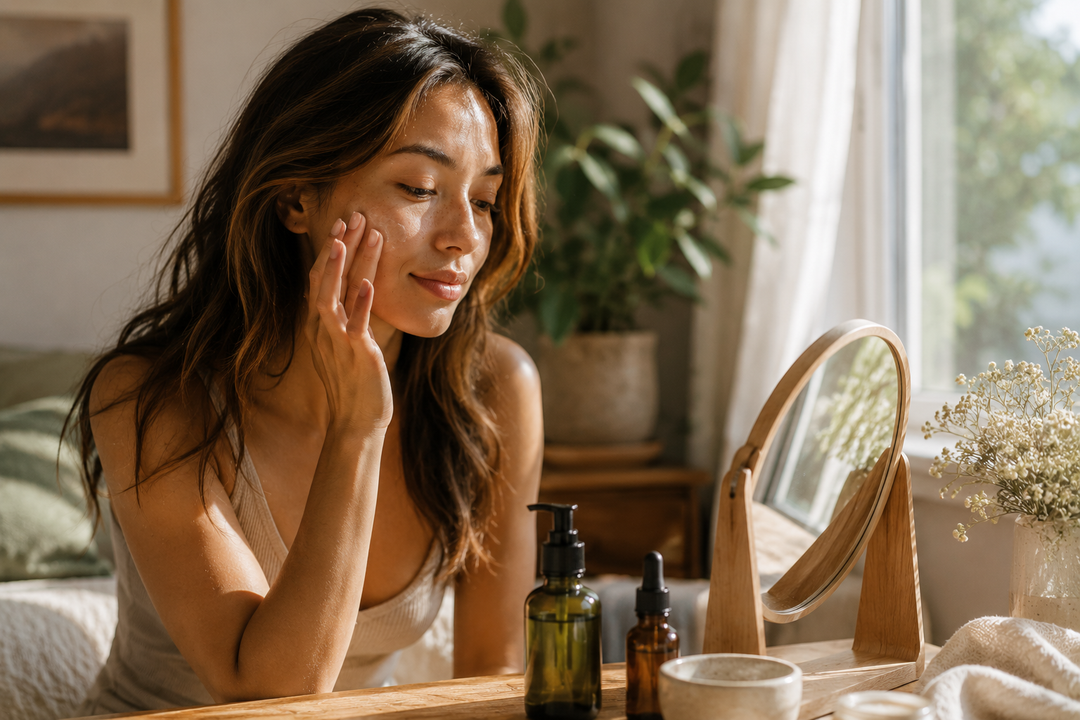 Woman sitting at mirror with skincare products looking at her skin.