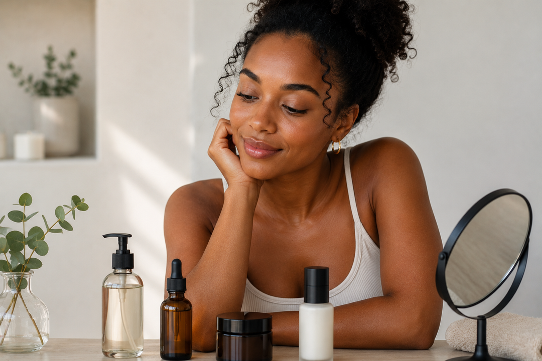 Black woman looking at several skincare products in front of her.