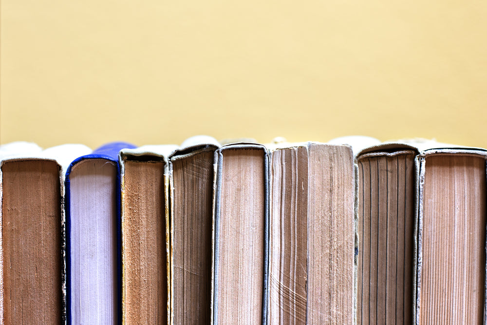 Spines of books lined up next to each other. 