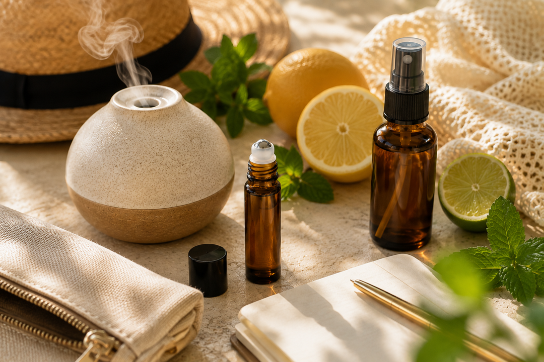 Aromatherapy mist, roll on, and diffuser with citrus fruits on natural background