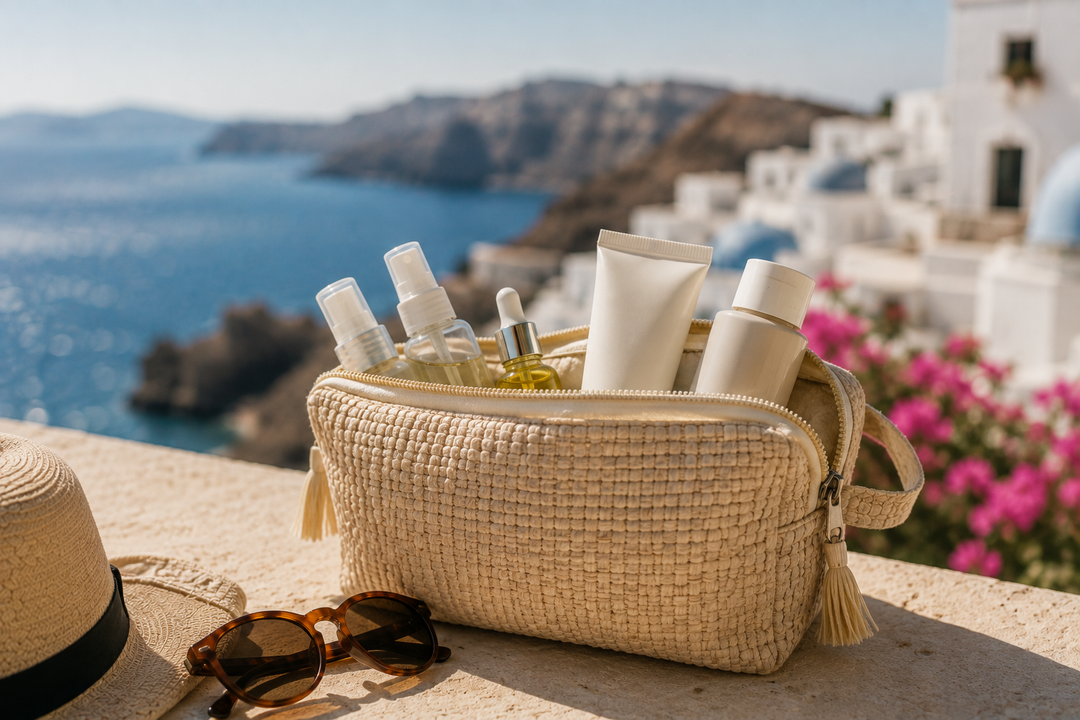 Travel Bag with products peeking out with scenic view in background