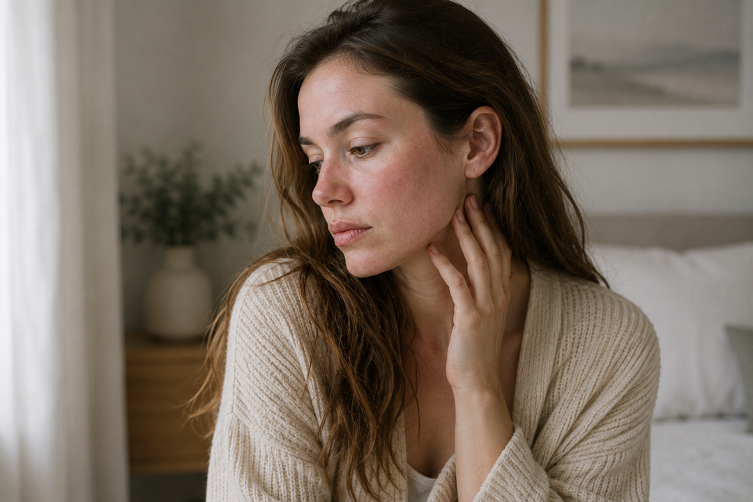 Woman with sensitive skin looking away with hand on her neck