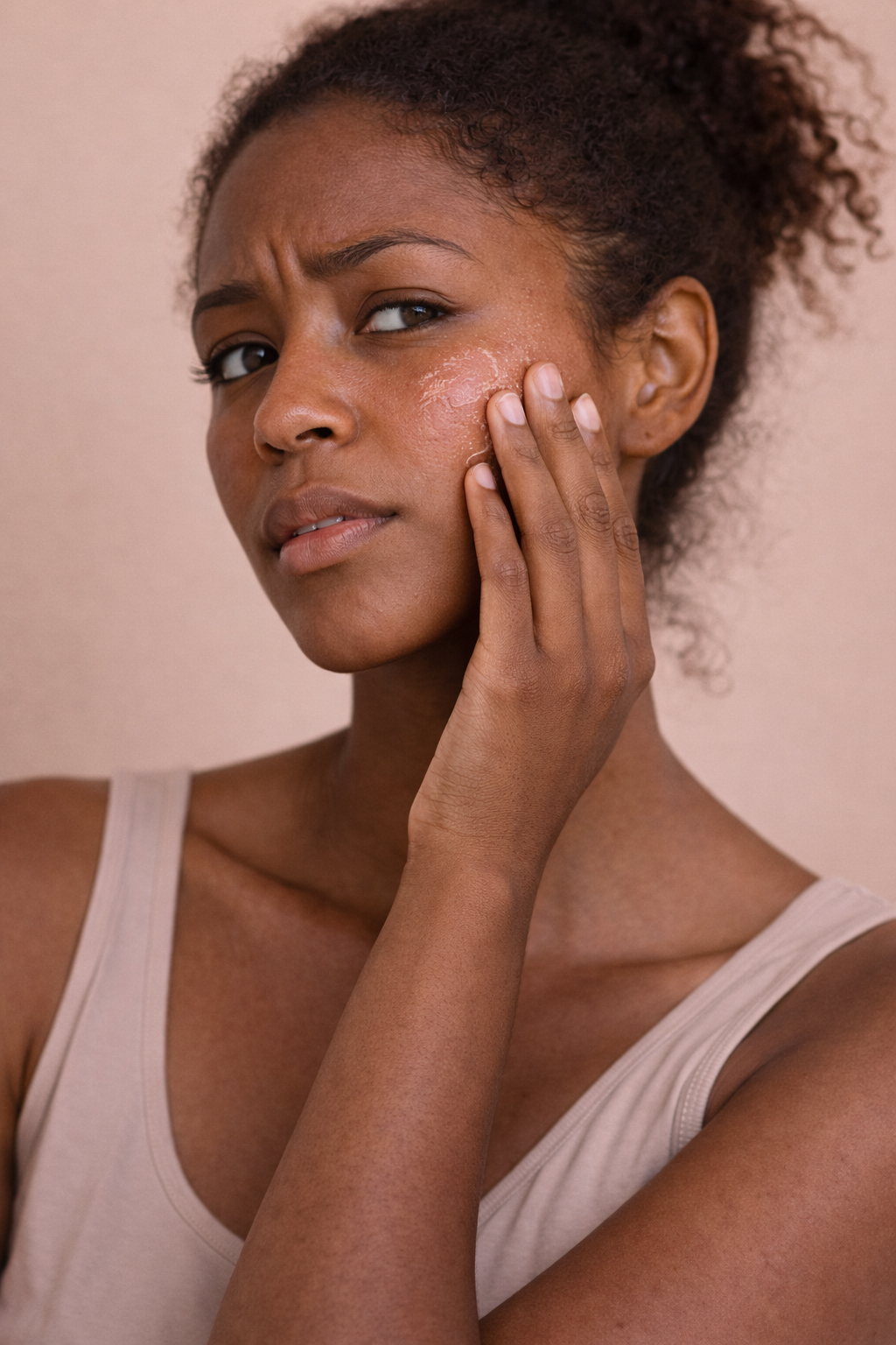 Woman applying moisturizer to dry skin.