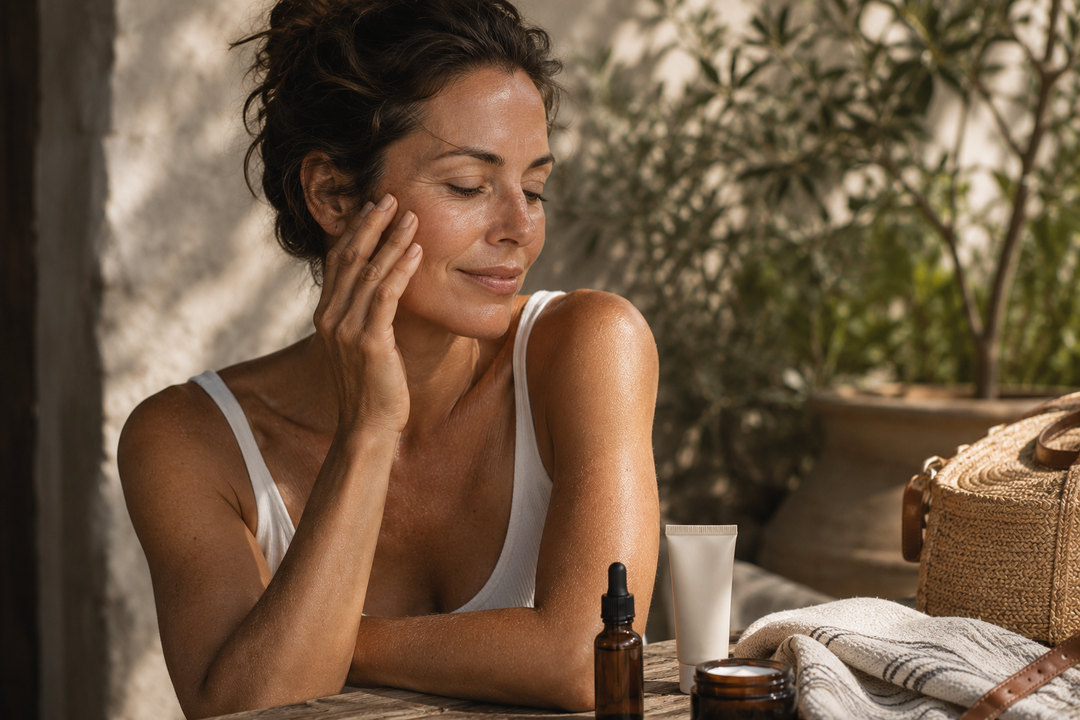 Woman sitting outside in summertime with skincare products on table