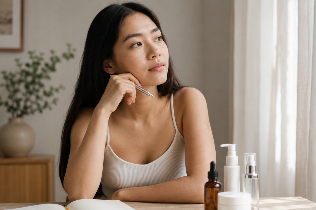 Woman sitting in front of skincare looking out window and thinking