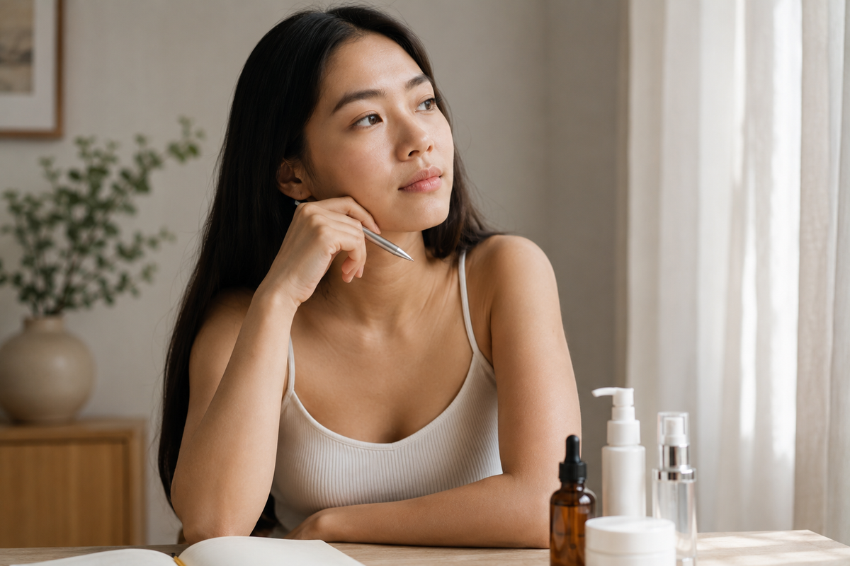 Woman sitting in front of skincare looking out window and thinking