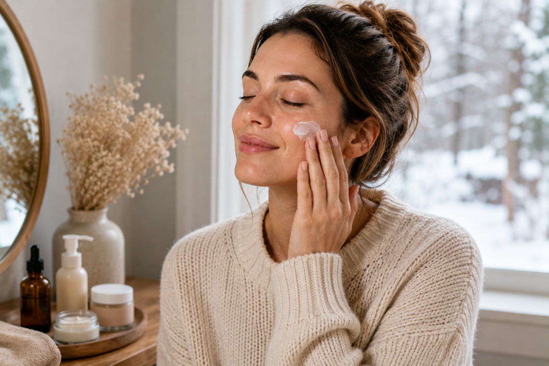 Woman sitting inside in winter applying skincare