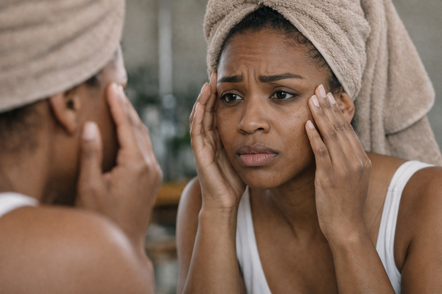 Woman looking in mirror at dull skin looking worried