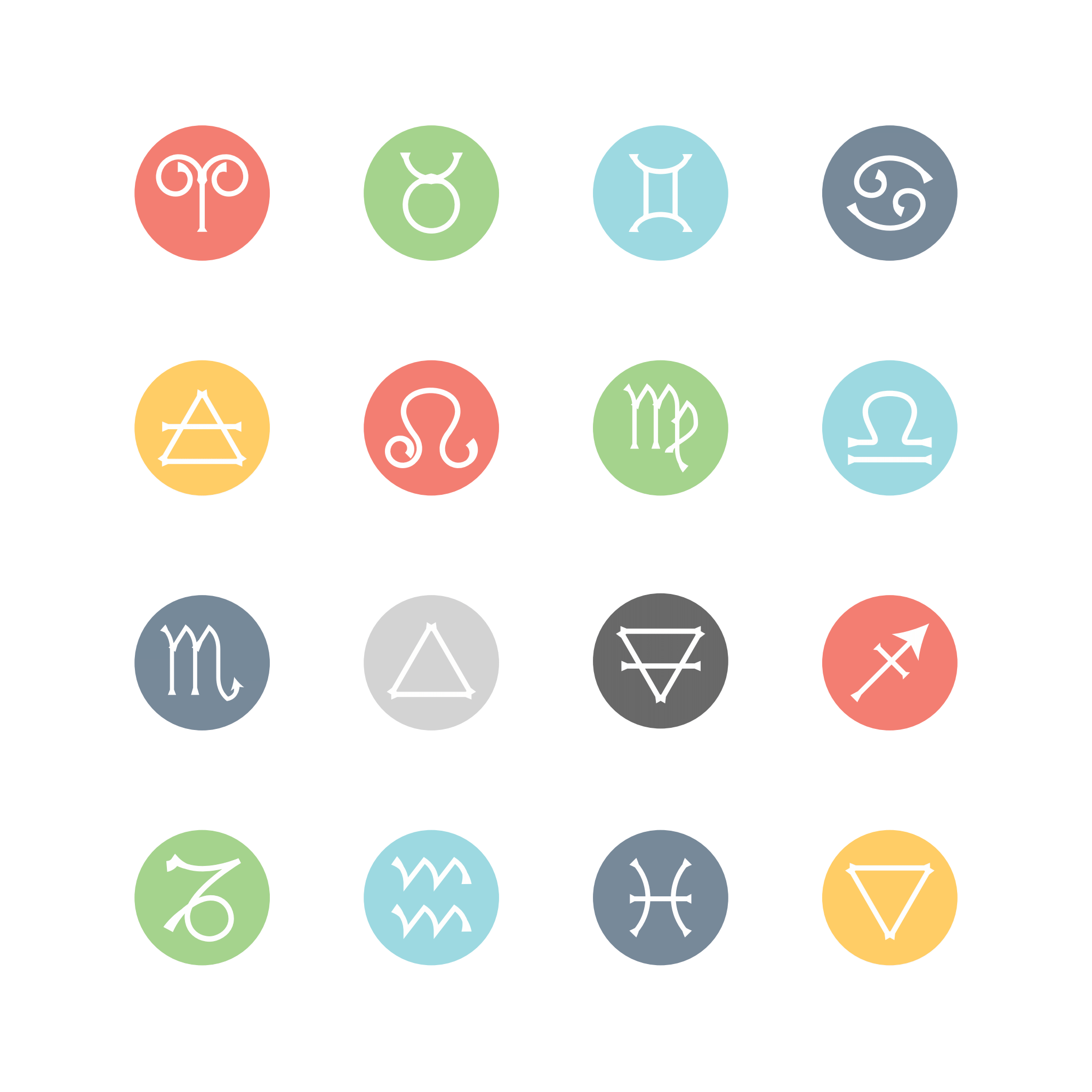 Multicolored Different Zodiac Signs in Circles on White Background