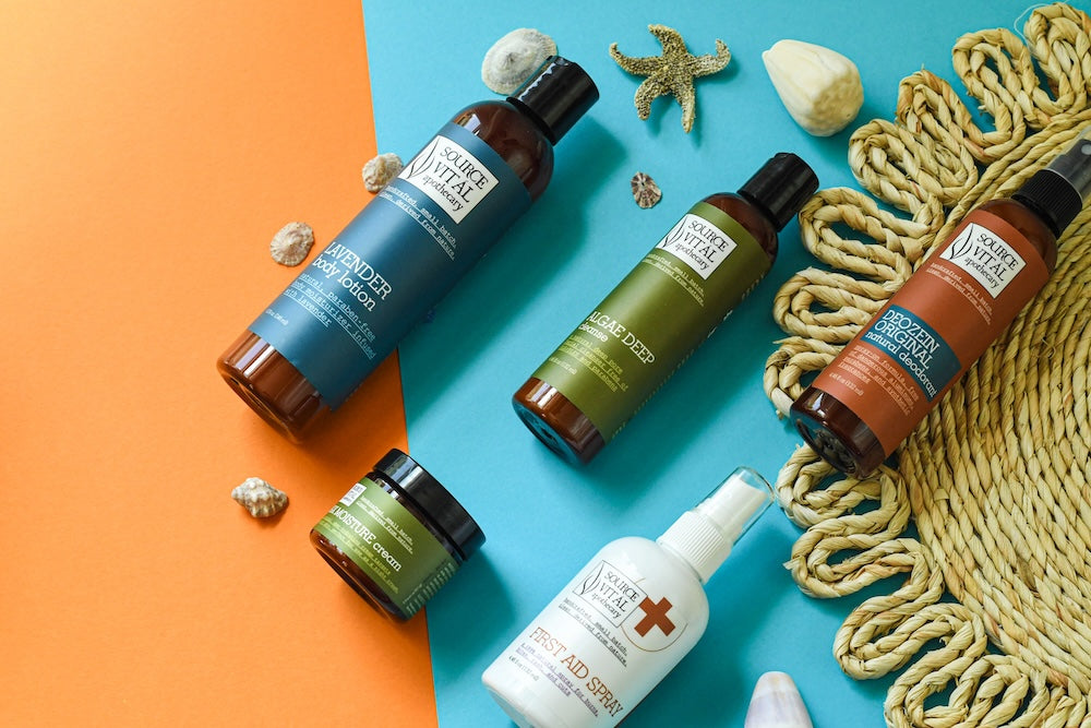 Source Vital Summer Favorite Products against teal and orange background