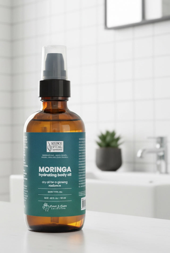 Moringa Hydrating Body Oil on Countertop