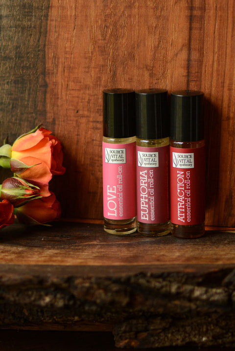 Valentines Day fragrance gift set with three all-natural aromatherapy rollerballs