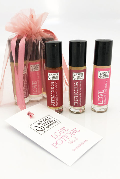 Valentines Day fragrance gift set with three all-natural aromatherapy rollerballs