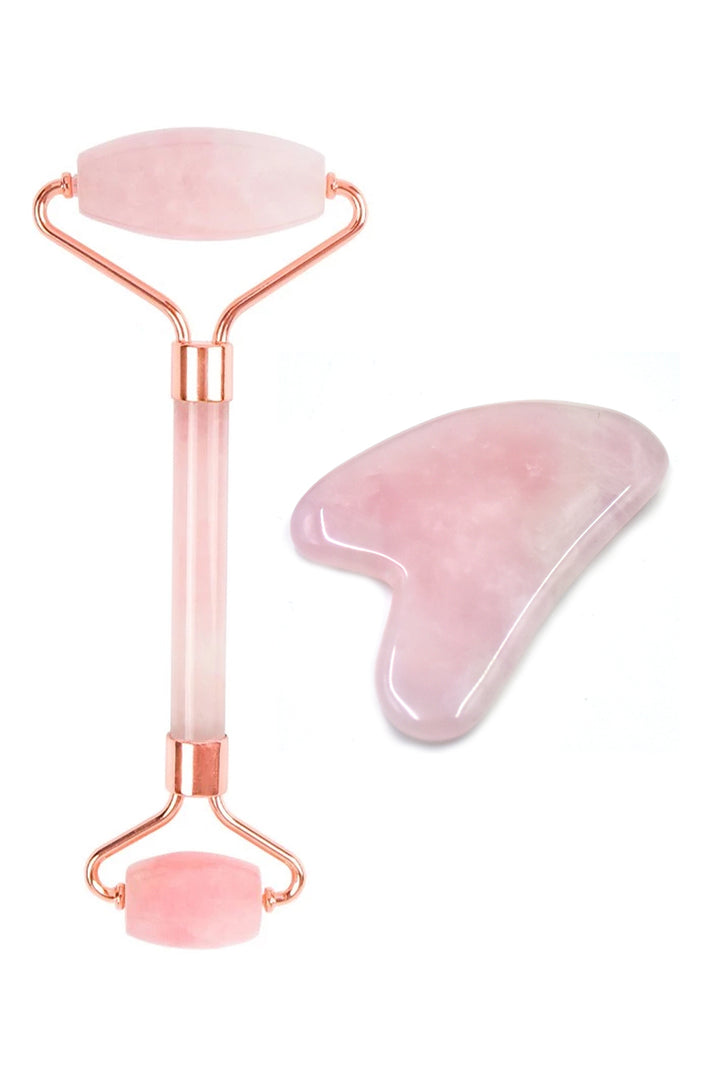 Rose Quartz Facial Roller and Gua Sha Stone - Facial Tool Duo