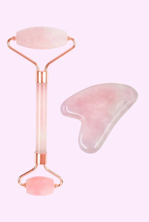 Rose Quartz Facial Roller and Gua Sha Stone - Facial Tool Duo